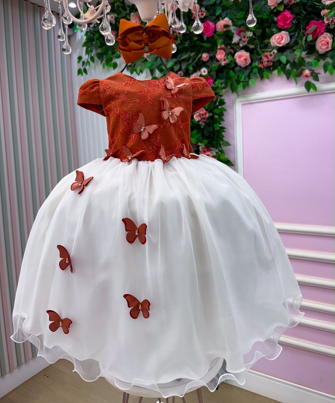 Vestido Infantil Midi Terracota com Borboletas - Festa e Formatura