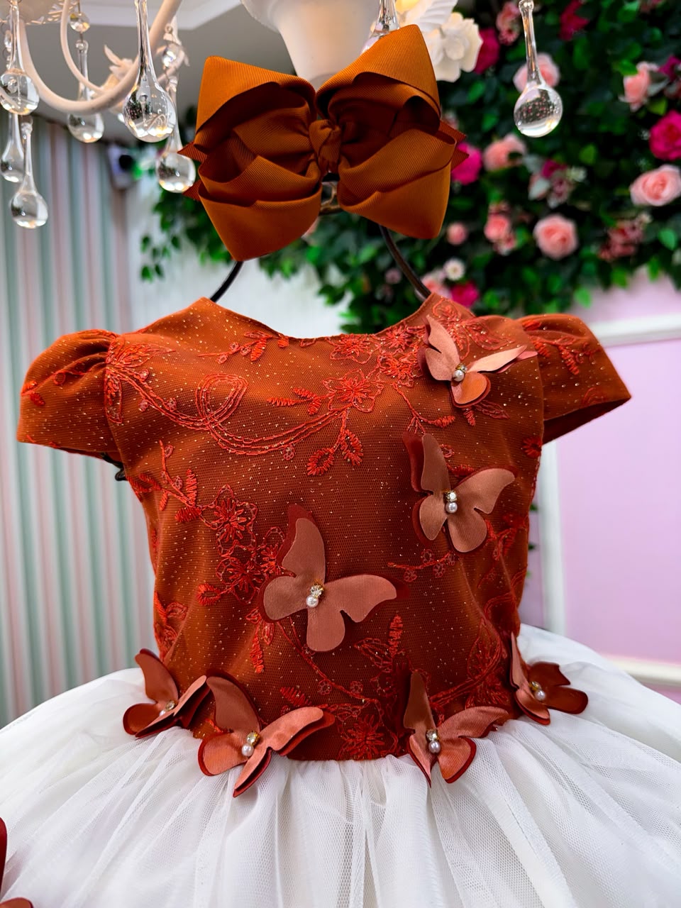 Vestido Infantil Midi Terracota com Borboletas - Festa e Formatura