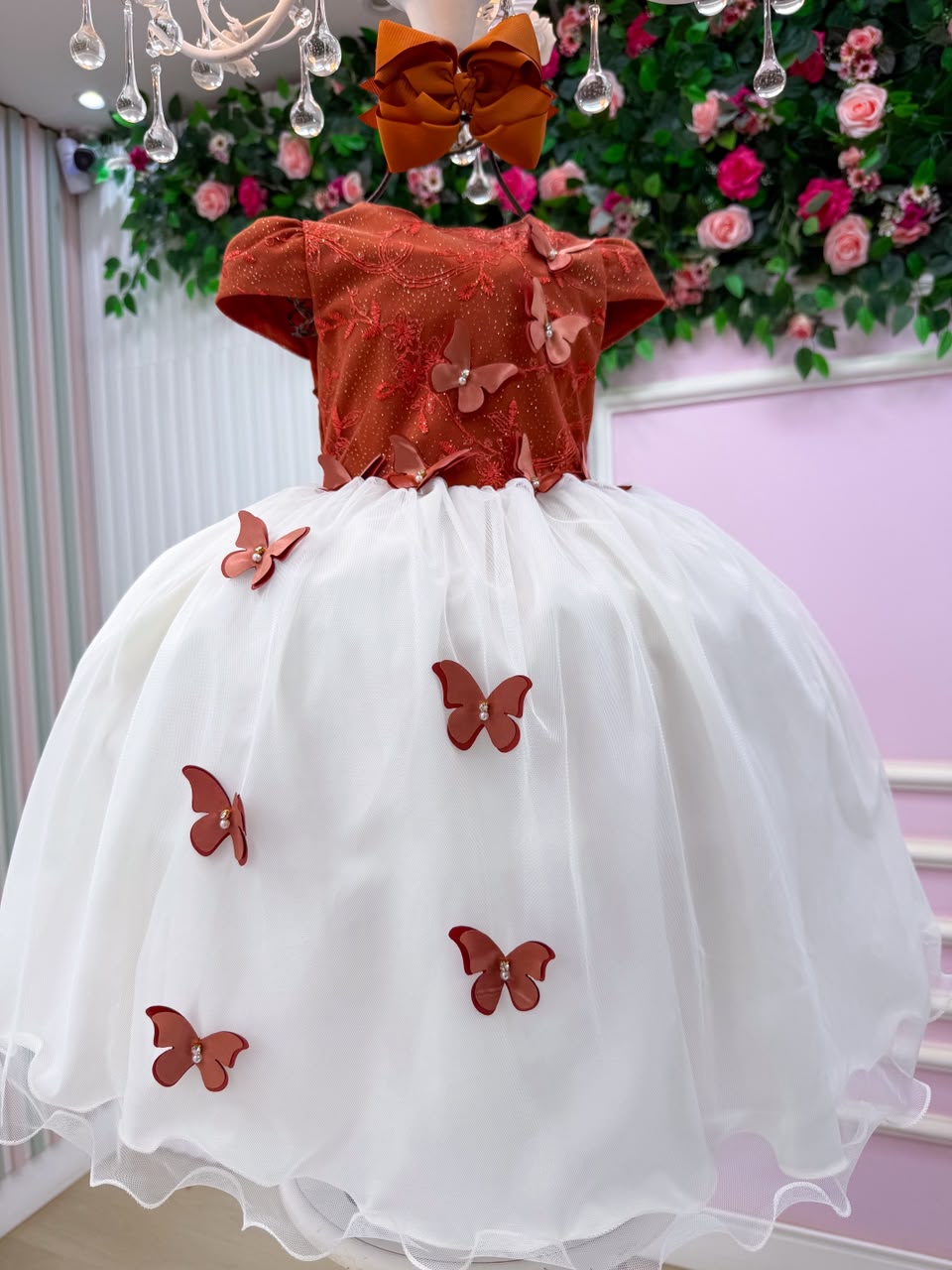 Vestido Infantil Midi Terracota com Borboletas - Festa e Formatura