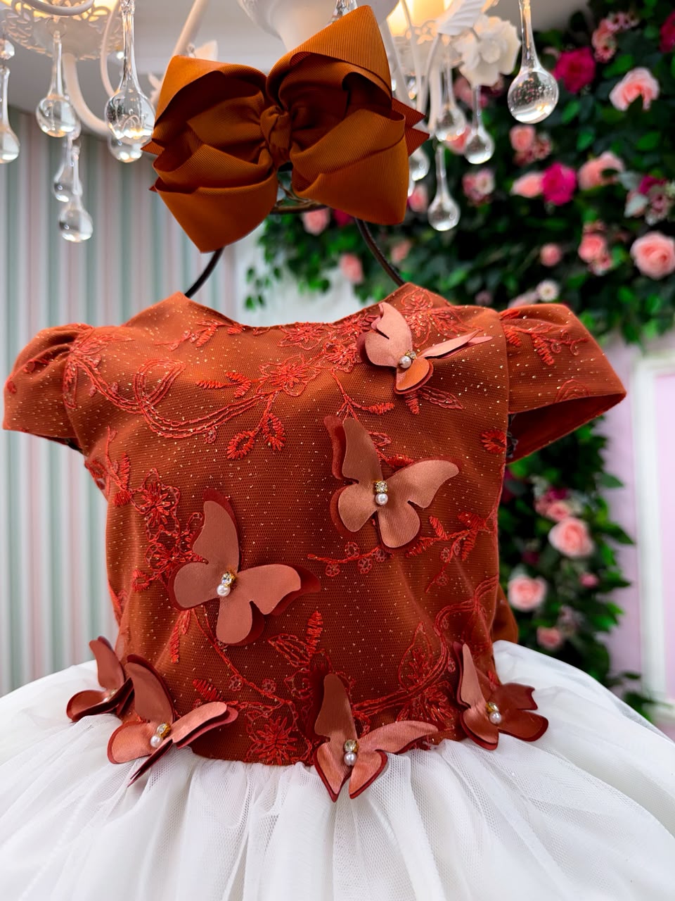 Vestido Infantil Midi Terracota com Borboletas - Festa e Formatura