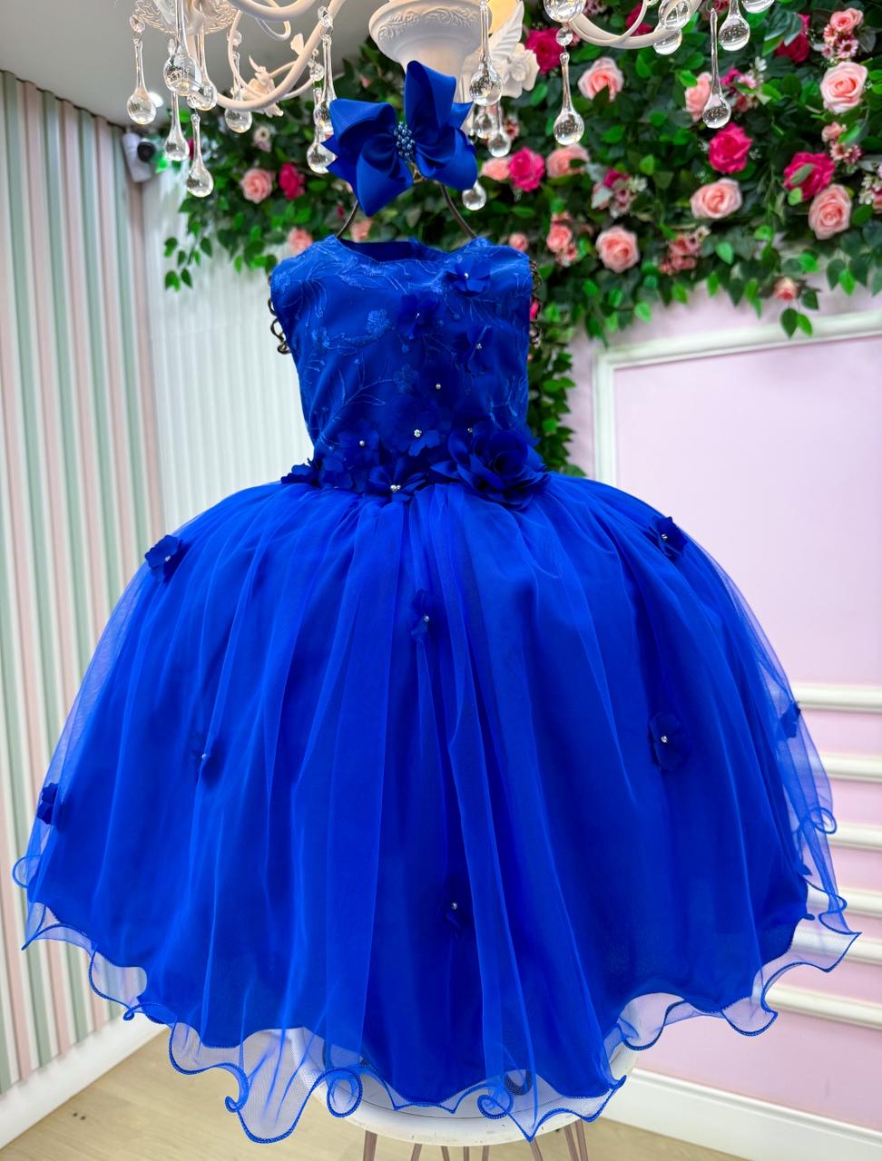 Vestido Infantil Jardim Encantado Azul Royal com Flores - Regata
