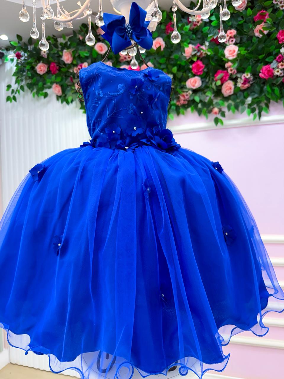 Vestido Infantil Jardim Encantado Azul Royal com Flores - Regata