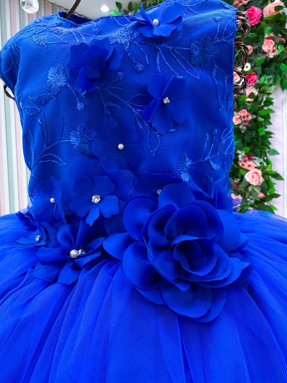 Vestido Infantil Jardim Encantado Azul Royal com Flores - Regata