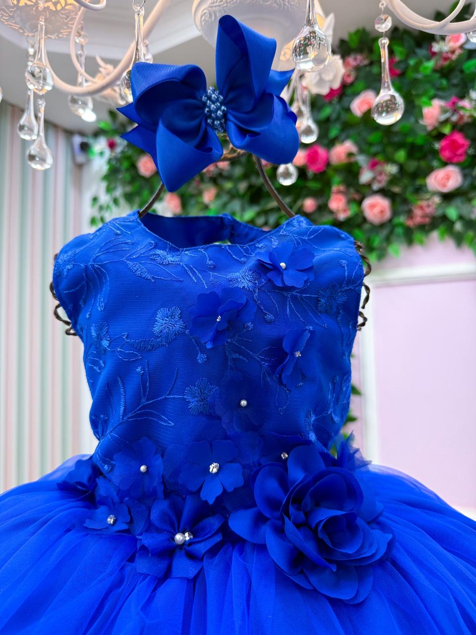 Vestido Infantil Jardim Encantado Azul Royal com Flores - Regata