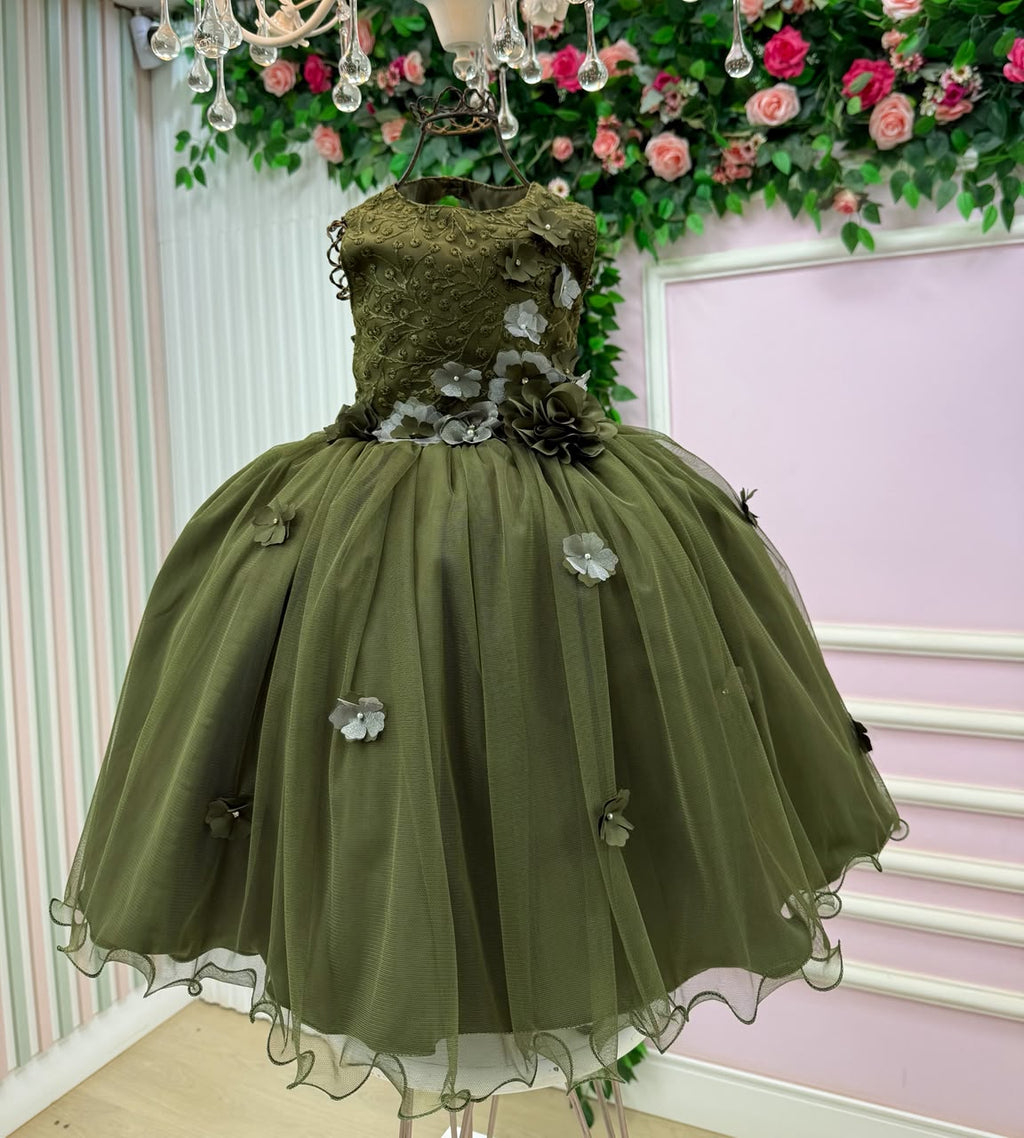 Vestido Infantil Jardim Encantado Verde Militar com Flores